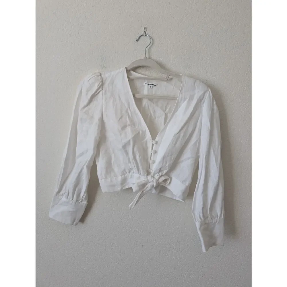 Reformation Linen Puff Sleeve Crop Top White Size 8 Minimalist Luxury Capsule